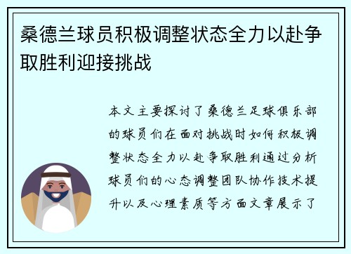 桑德兰球员积极调整状态全力以赴争取胜利迎接挑战