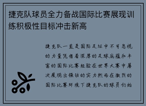 捷克队球员全力备战国际比赛展现训练积极性目标冲击新高