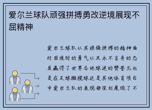 爱尔兰球队顽强拼搏勇改逆境展现不屈精神
